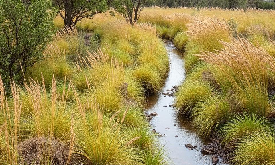 Riparian zone restoration with native grass reestablishment along creek corridors.
